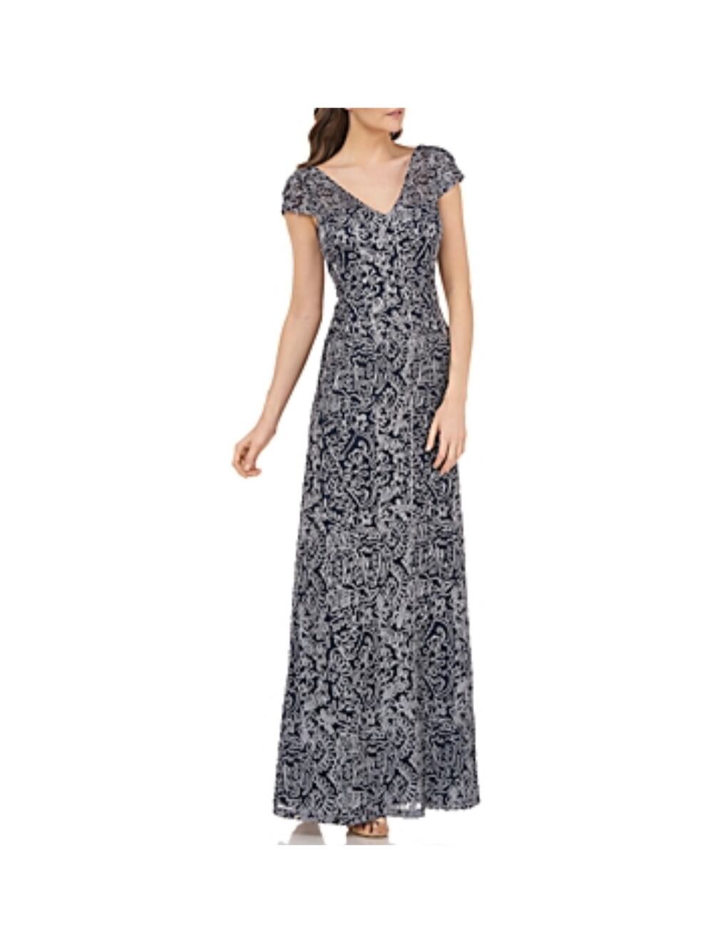 JS Collections Blue Evening Gown Lace Short Sleeve A-Line Formal Dress Size 6